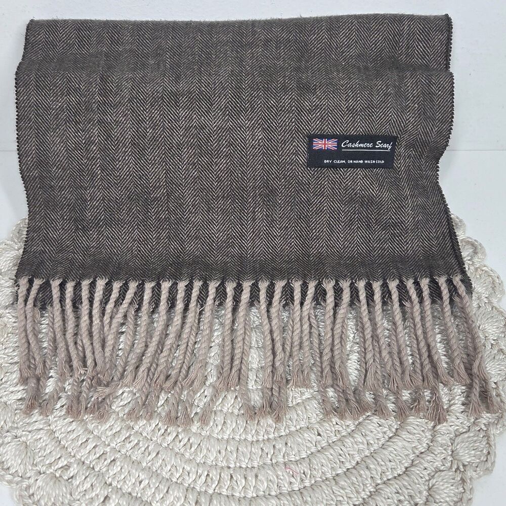 100% Cashmere Scarf British Herringbone Brown Fringe 60 x 12" Classic Fall Wrap